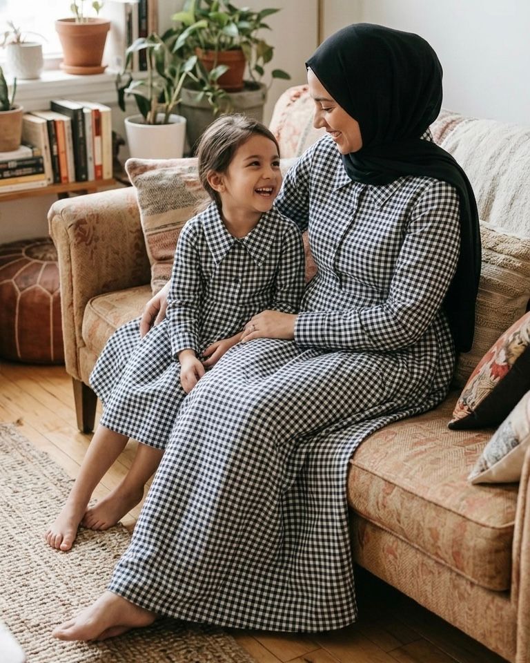 Black and White Check Mom and Daughter Dress Set