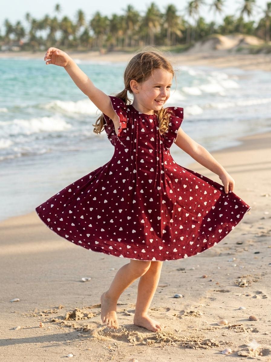 Girls' Heart Print Flutter Sleeve Cotton Frock